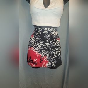 Red, gray, & black floral print mini skirt